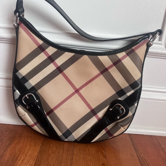 BURBERRY Large Larkin Hobo Handbag Tan SuperNova Check Black Patent - Picture 2 of 9